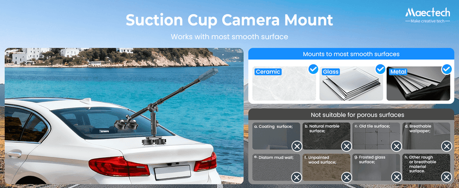 Car with a suction cup camera mount on a beach background, featuring Maectech branding.