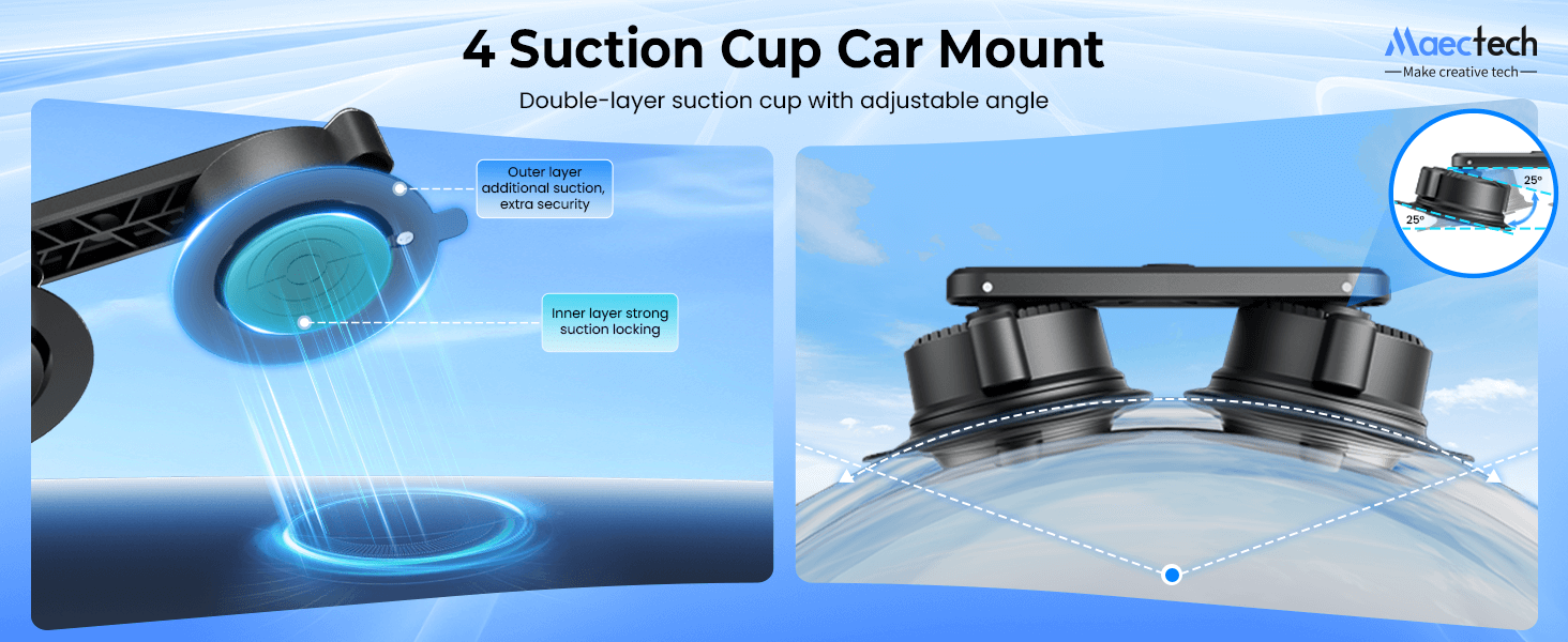 4 Suction Cup Car Mount with adjustable angle on a blue background