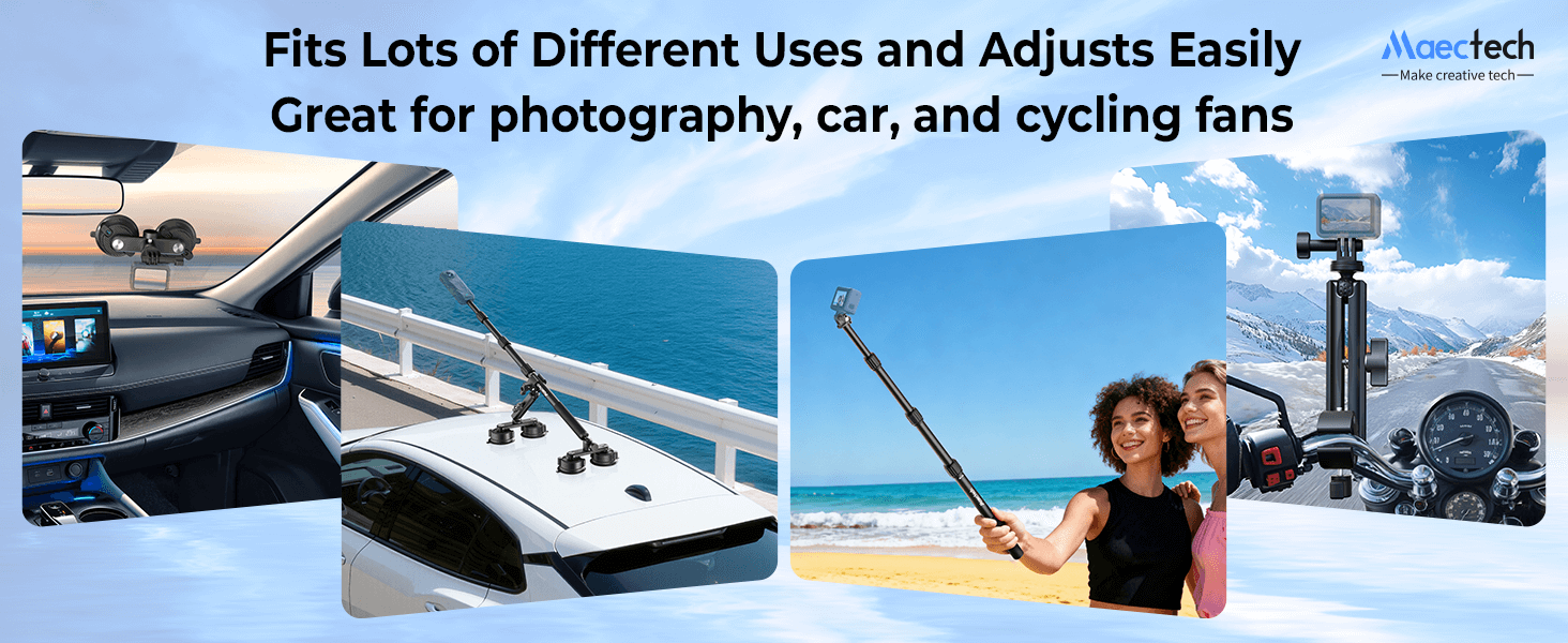 Maectech double-layer suction cup mount with selfie stick and strong clamp for versatile filming: attach to car windshield, car roof, or motorcycle handlebar for photos and videos.