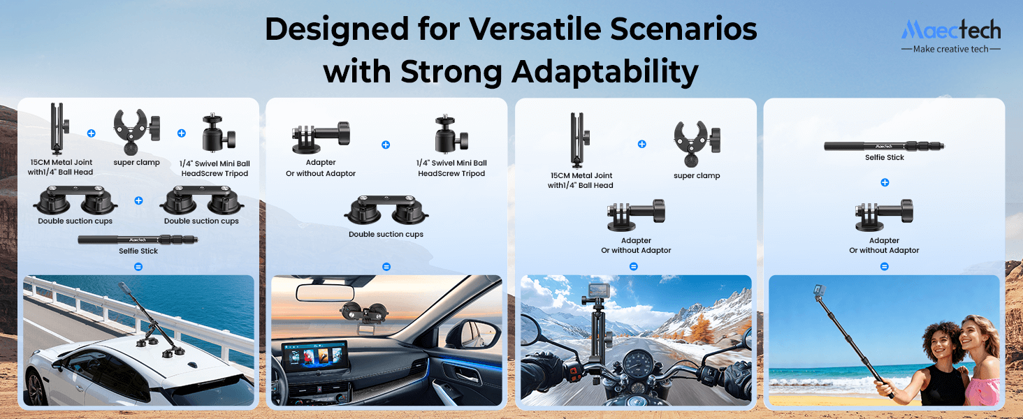 Maectech Four Suction Cup Car Mount Pro display on blue background, showing multiple attachments and versatile setups for filming and photography.