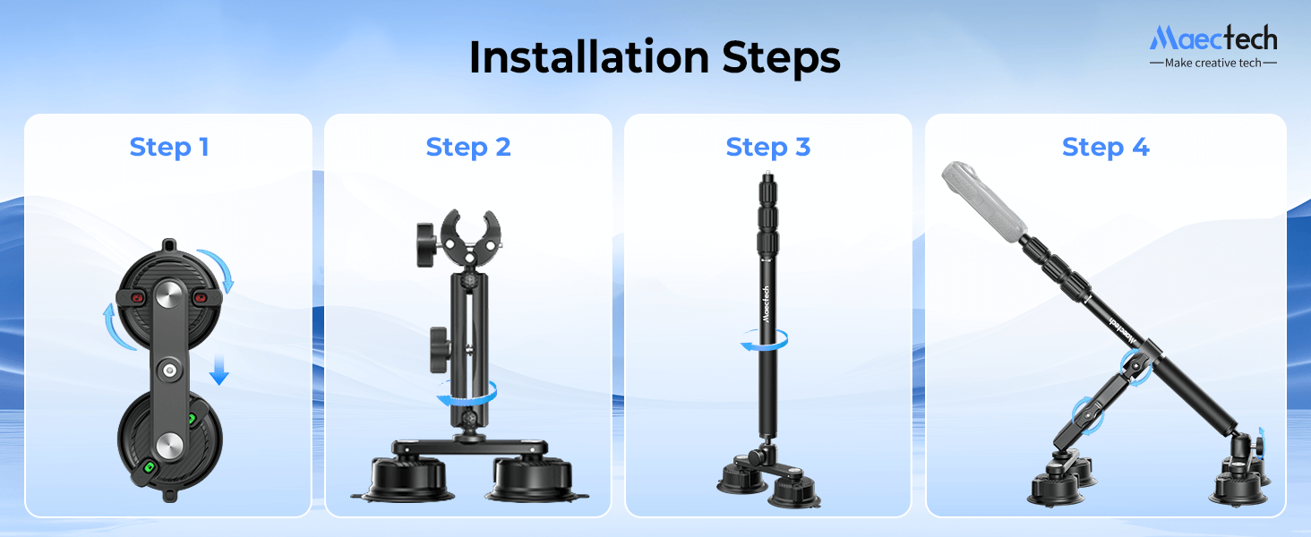 Step-by-step installation guide for Maectech Four Suction Cup Car Mount with labeled steps on a blue background.