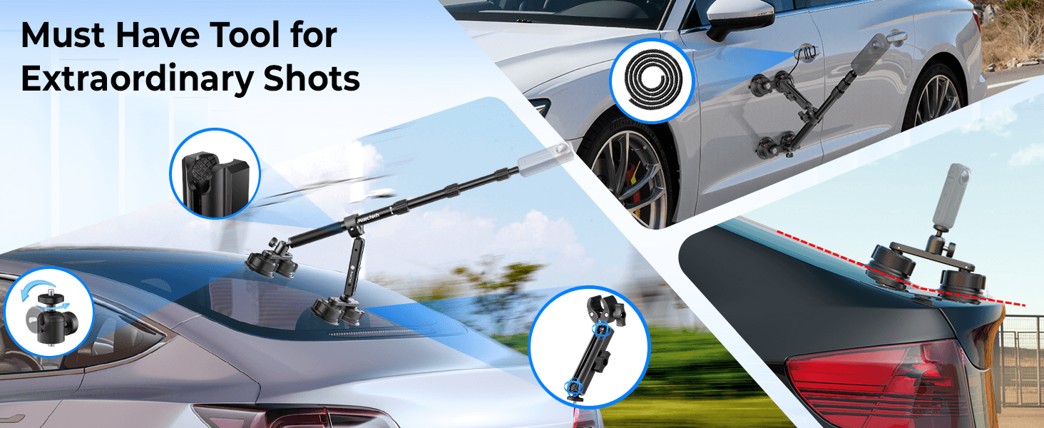 Car roof rack with action camera mount on a car, with text 'Must Have Tool for Extraordinary Shots'.