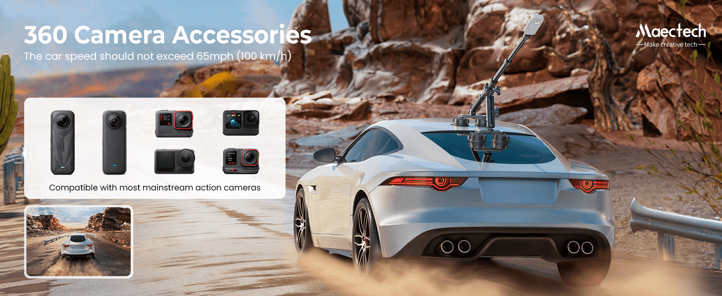 Car with 360 camera accessories on a road, featuring Maectech branding.