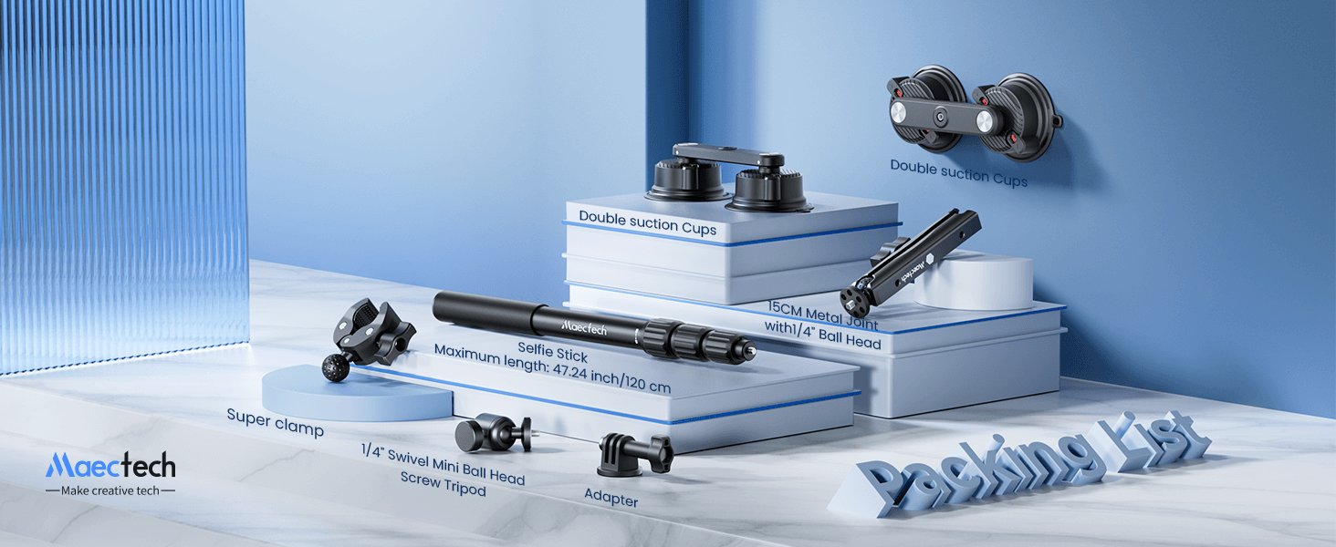 Packing list of Maectech Car Mount Kit on a blue gradient background with 'Maectech' branding.