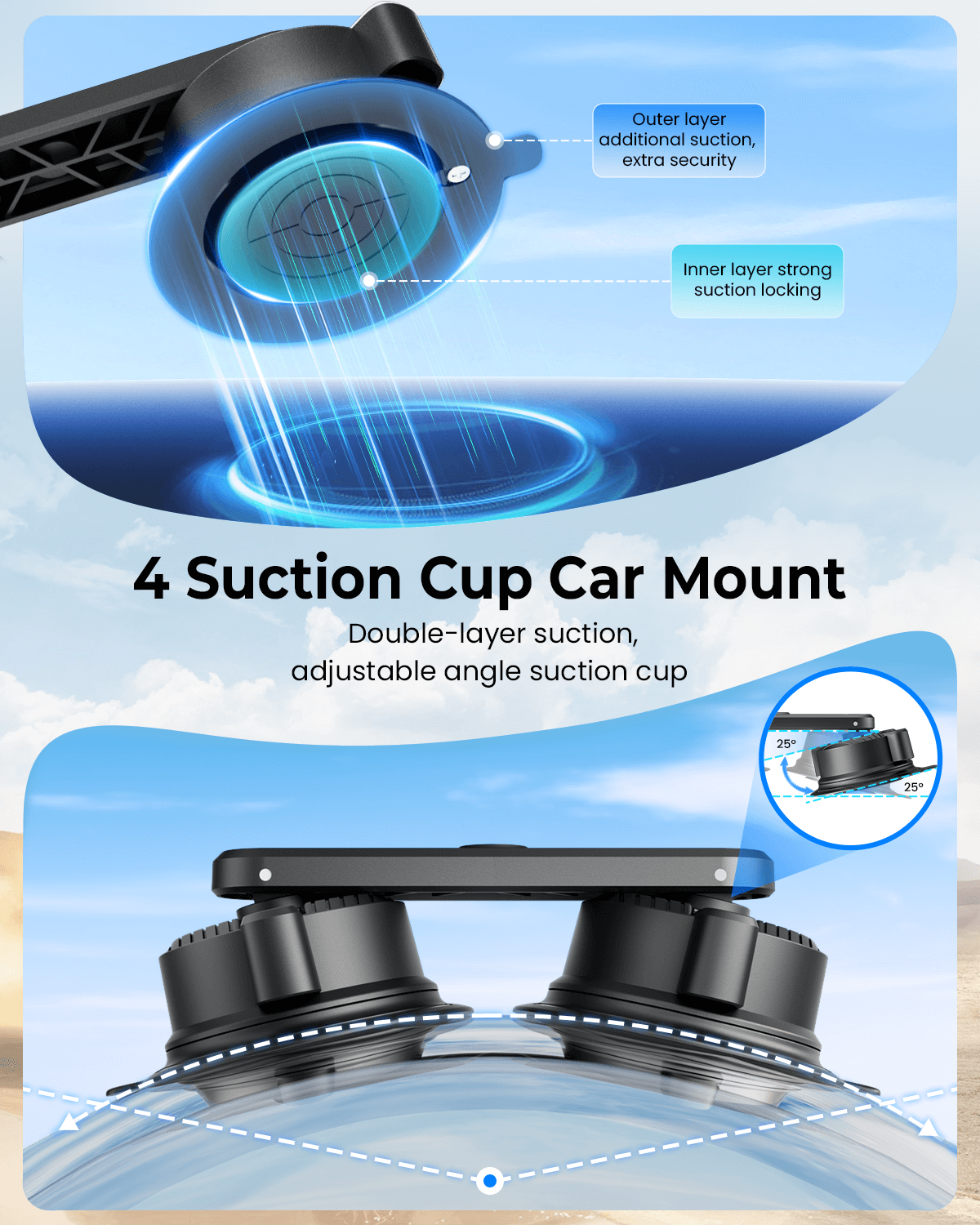 Maectech 4 Suction Cup Car Mount Pro with detailed design and features on a blue background