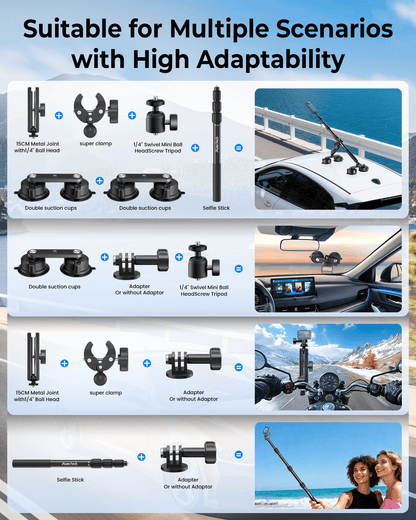 A collection of camera accessories with the text "Suitable for multiple scenarios with high adaptability" against a scenic background.