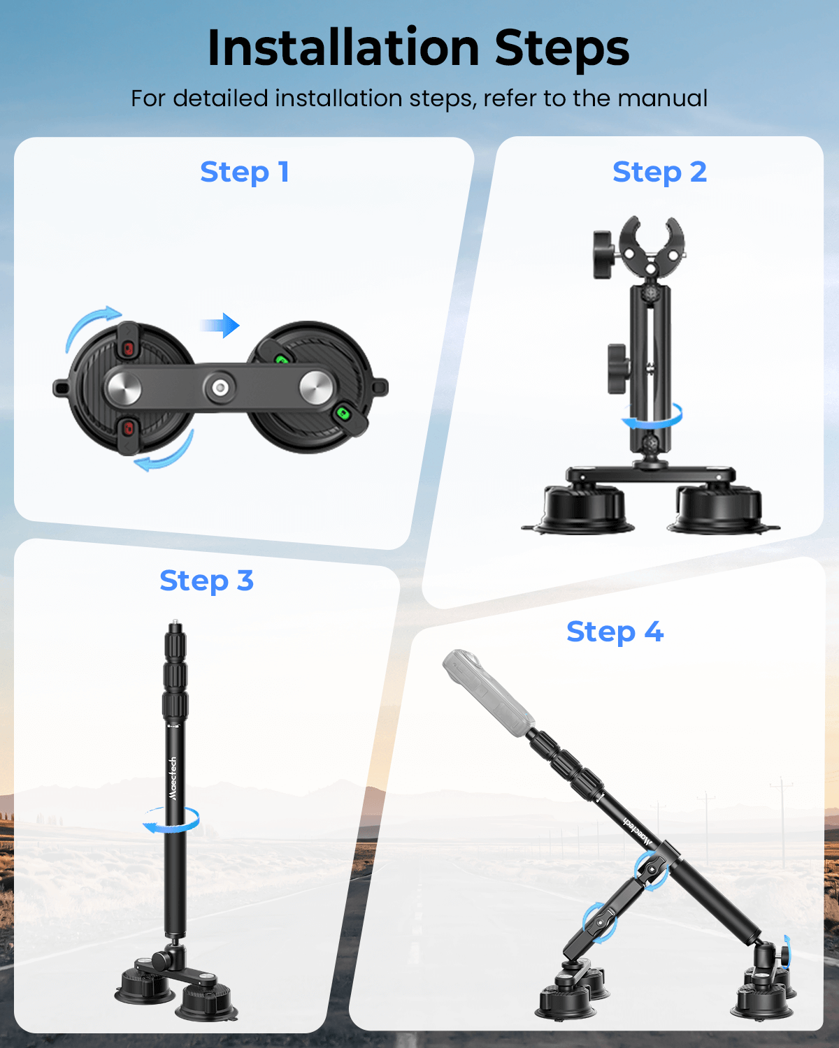 Step-by-step installation guide for a camera stabilizer with labeled steps and arrows.