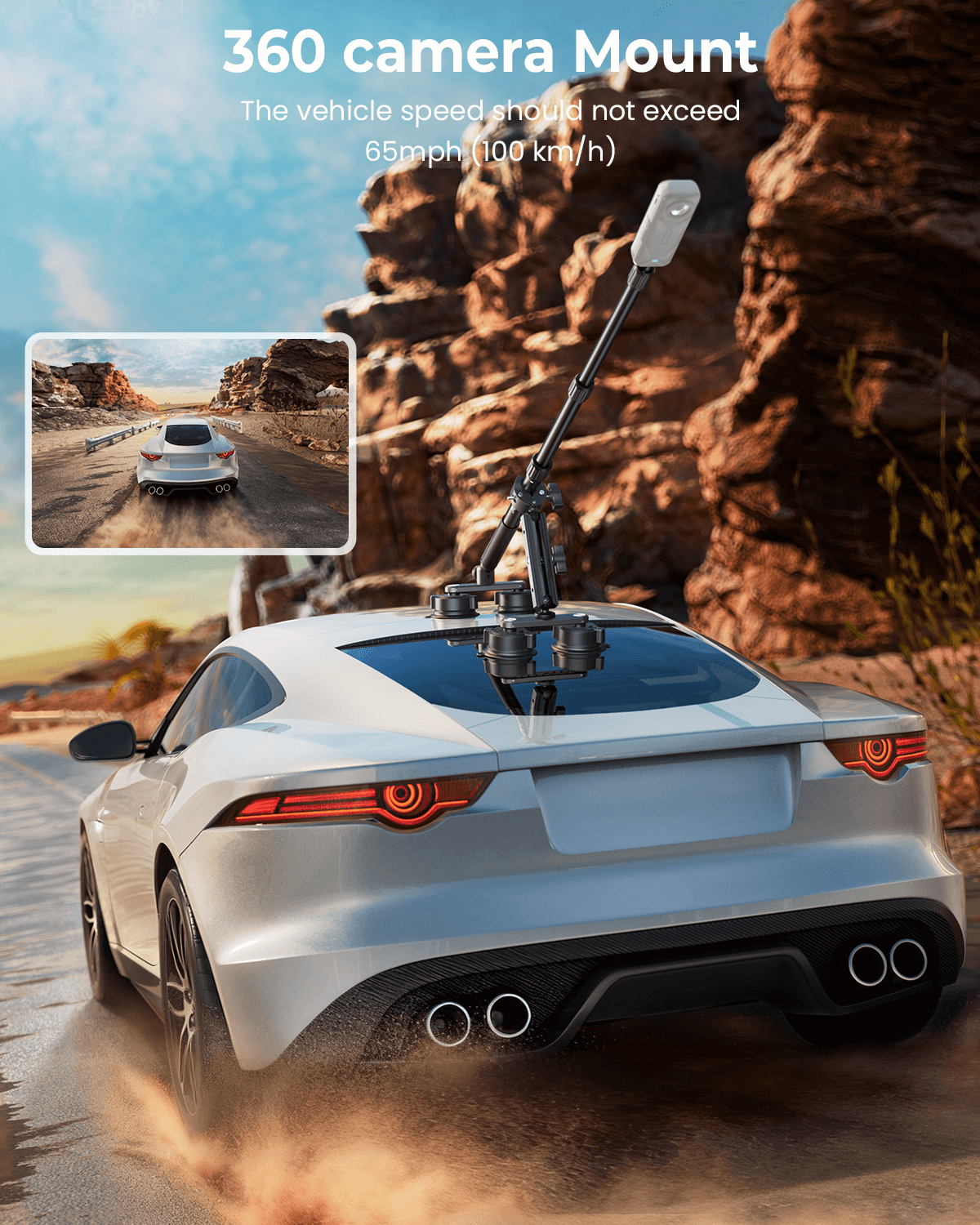 Car with a Insta360 X5 camera mount on the back, set against a rocky landscape.