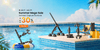 A promotional banner for a 'Summer Mega Sale' showing various black tripod and gimbal camera accessories displayed on a pool deck and floating in a pool float on a sunny day with a blue sky background.