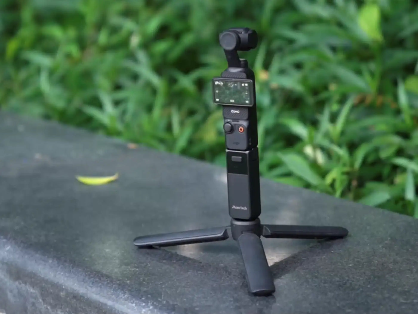 Black handheld camera stabilizer on a stone surface with green foliage in the background